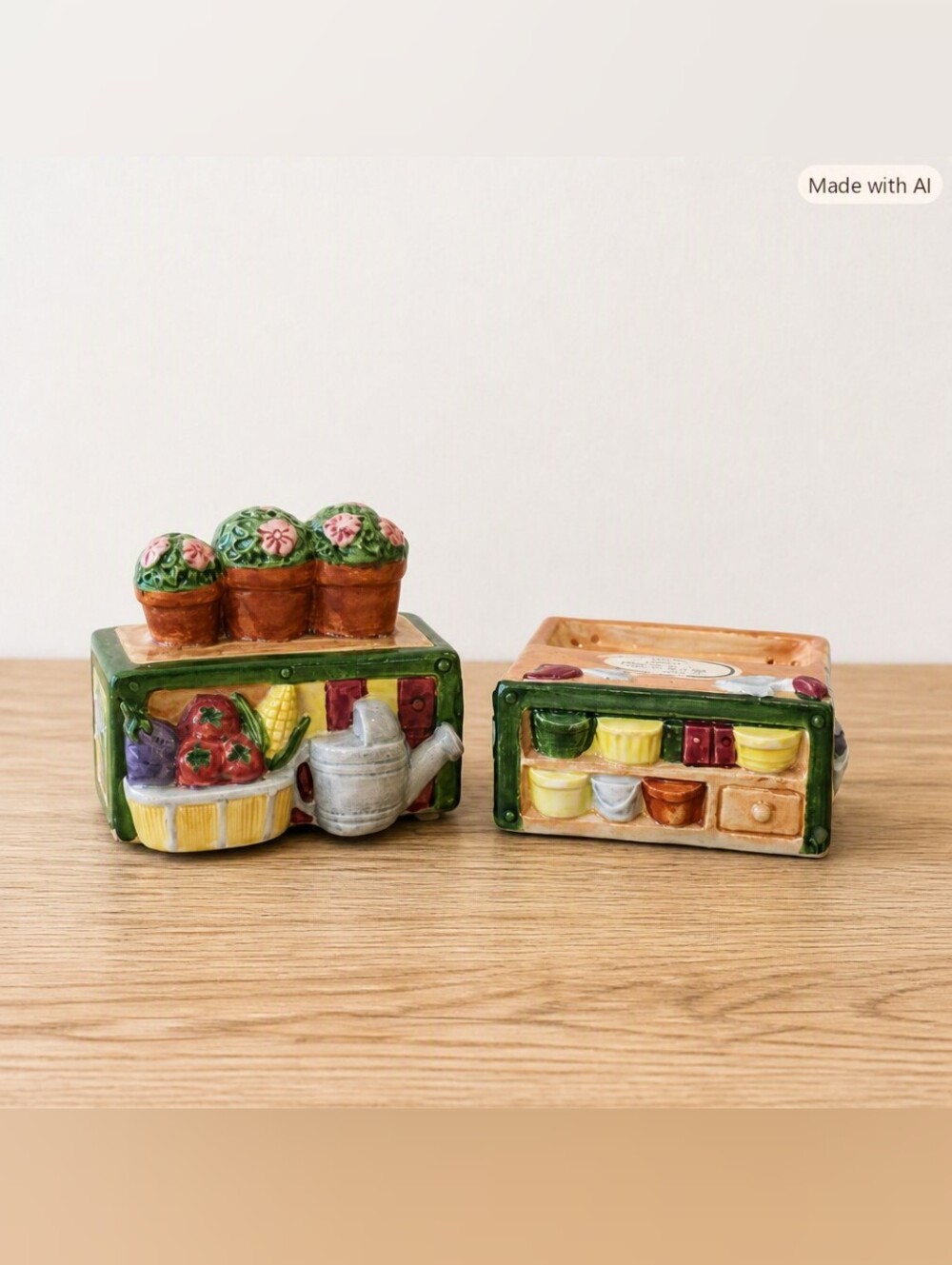 Hand-Painted Ceramic Salt and Pepper Shakers - Floral Planter Design, Green/Pink